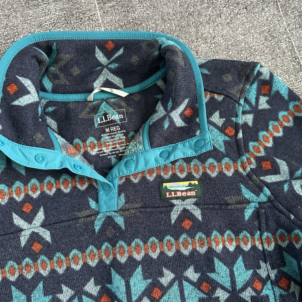 Women's LL Bean Tribal Aztec Sweater Fleece Navy Blue Pullover Light Jacket Sz M